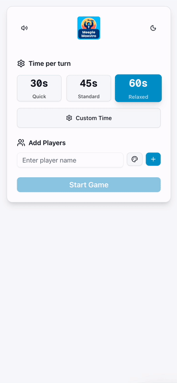 Board game timer demo showing turn countdown, player colors, and tap controls